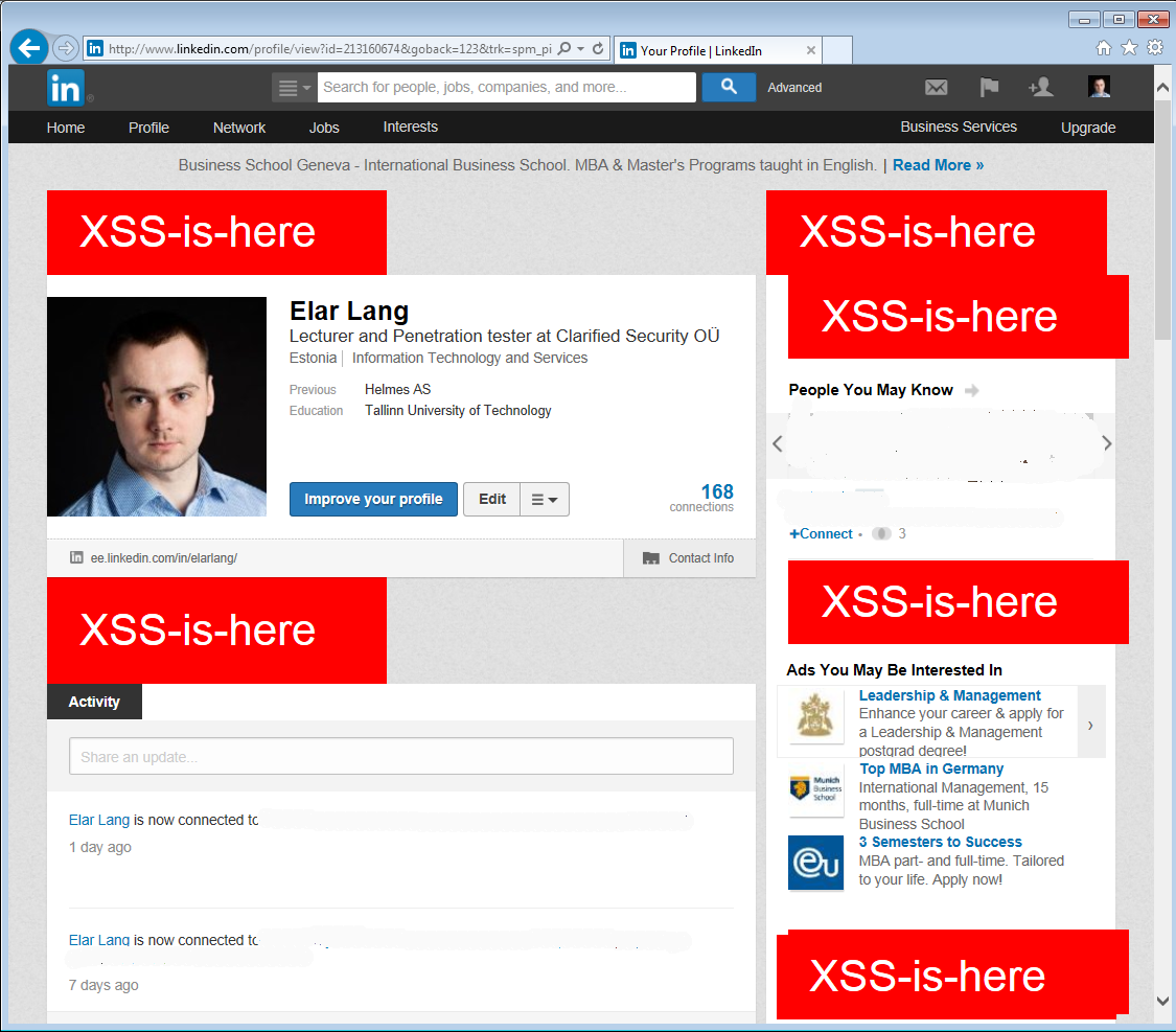 LinkedIn XSS - Profile view